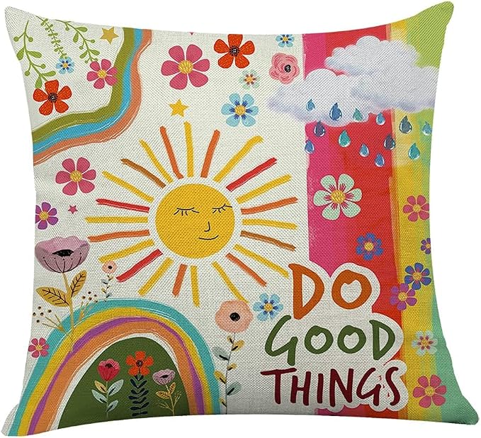 Littlefa Colour Sunshine Throw Pillow Cover Decorative Boho Pillowcase | Do Good Things Kindness Pillow Cover for Couch Sofa, Inspiring Gifts, 18×18 In