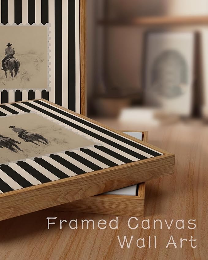 ZZLWBKGL Western Wall Decor Vintage Framed Wall Art Cowboy Canvas Art | Rustic Striped Artwork Retro Stamp Picture Mid Century Paintings for Living Room Bedroom 8x10in