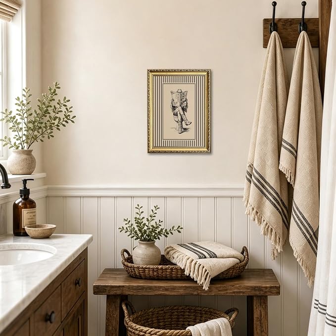Gold Framed Funny Cowgirl Bathroom Wall Art Western Cowgirl Reading Newspaper on Toilet Wall Decor, Farmhous Vintage Cowboy Bathroom Poster Canvas Painting Print Picture 12x16 inch