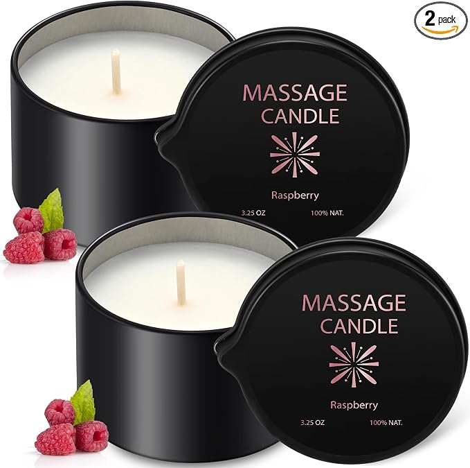 Nuanchu 2 Pcs 2.35 oz Massage Oil Candle, Ignite Low Temp Scented Body Oil Candles for Massage Therapy Soy Based Mother's Day Home Gift Spa Use, Raspberry
