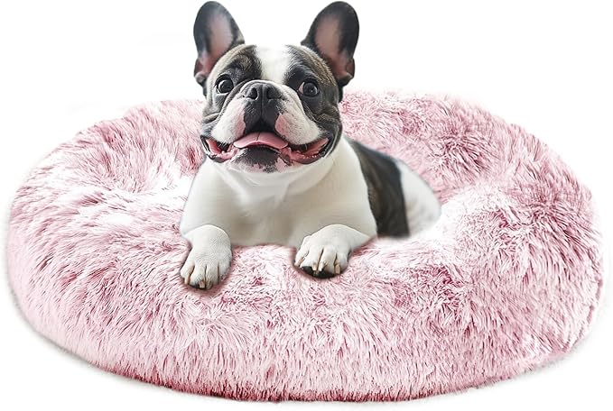 JOLLYVOGUE Calming Dog Bed Medium Size Dog, 31in Donut Washable Medium Pet Bed, Anti-Slip & Anti-Anxiety Fluffy Faux Fur Round Dogs Bed, Fits up to 45 lbs Pets (Smoke Pink)