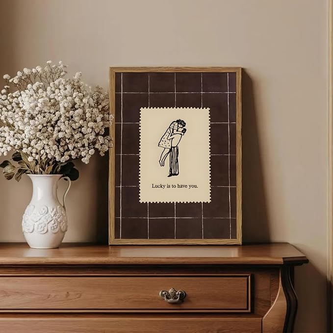 Vintage Love Couples Wall Art, Mid Century Lucky is to Have You Wall Decor Picture Romantic Anniversary Valentine Stamp Poster Canvas Prints for Bedroom Living Room 16x24 inch Wood Framed