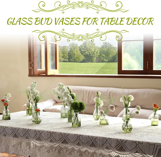Green Bud Vases Set of 12, Small Green Glass Vase for Table Centerpieces | Ribbed Flower Vase Stripe Bud Vases in Bulk Wedding Birthday Bridal Shower Home Table Decoration