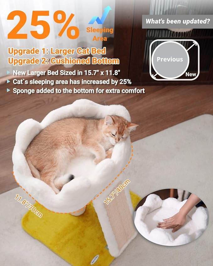 Cat Tree, Cloud Cat Tower with Soft Bed, Cat Scratching Post & Pad with Larger Perch for Window Viewing, Small Cat Tree with Cute Toys, Bonus Catnip