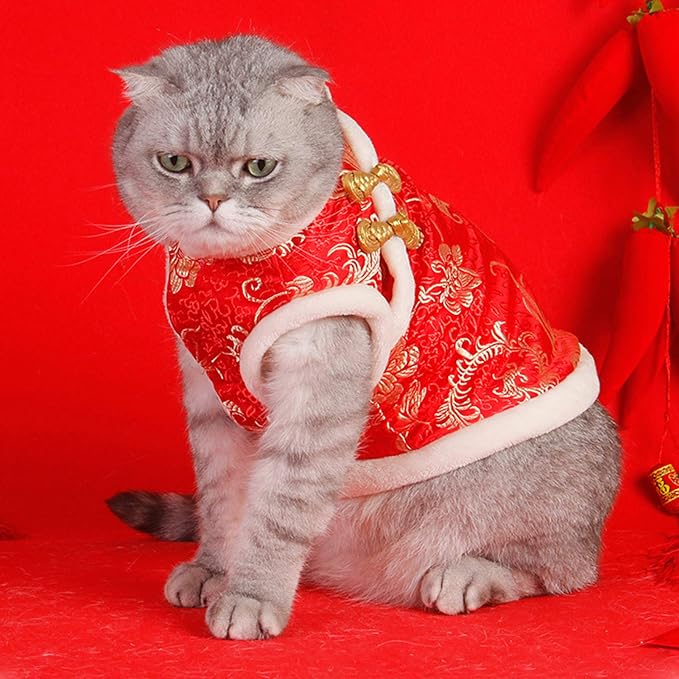 SEIS New Year Cat Knot Buttons Coat Dogs Cheongsam Winter Pet Clothes Vest Christmas Costume for Cats Teddy Bichon Small Medium Dogs (White, S (Chest Circumference 45cm/ 17.7"))