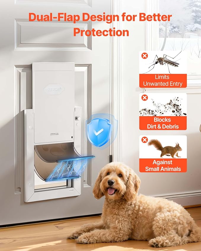 VEVOR 2-Flaps Dog Door, with Aluminum Frame, Metal Closing Panel and Lock, Strong and Weatherproof Dog Door for Interior and Exterior Doors, Easy in-and-Out Access for Doggies (White-Medium)