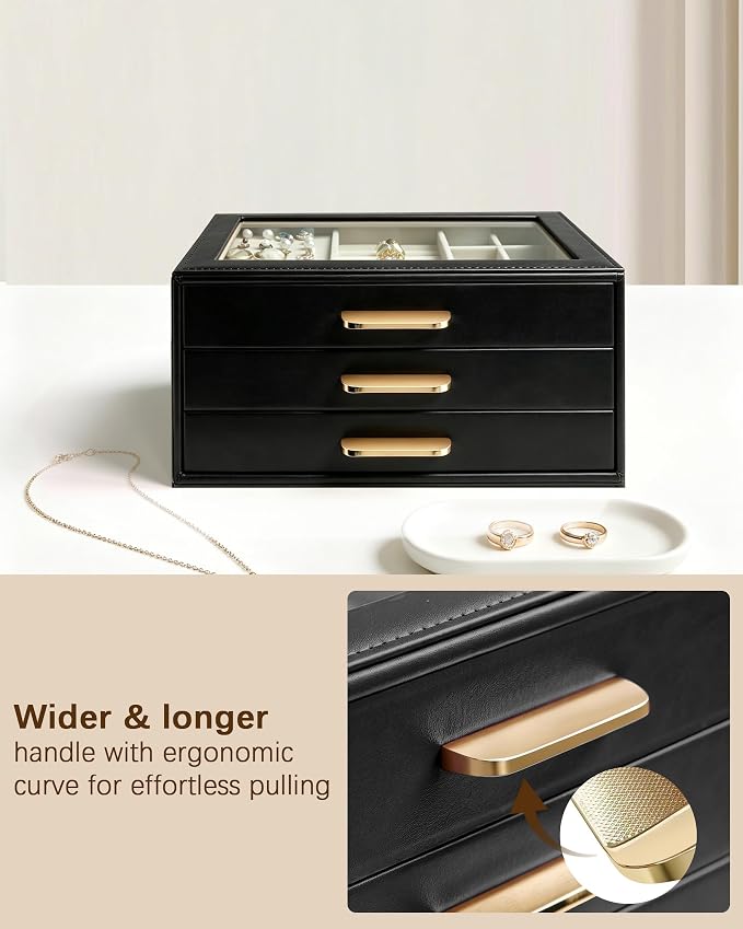 Homeanda Jewelry Boxes Organizer with Glass Lid, 3-Layer PU Leather, Black | Modern style display case with 3 drawers for daily jewelry, women, mom or girl gift