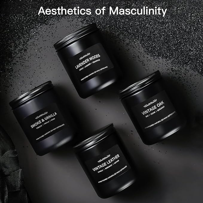 Scented Candle Set, Men Candle Set, Scented Candles for Home, Gifts for Men, 4 Pack Manly Candles Gifts for Mens Scents of Smoke Vanilla/Leather/Oak/Lavender Wood