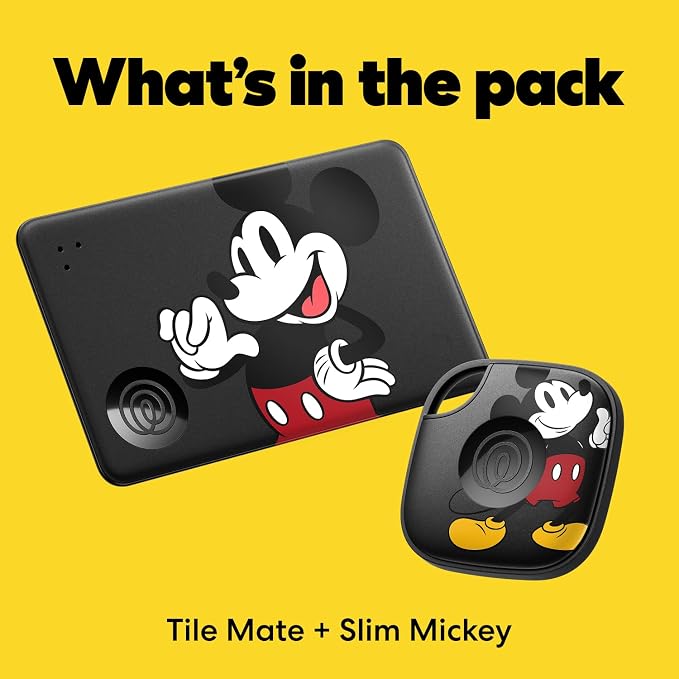 Life360 Tile Starter Pack - Mickey Mouse - Bluetooth Trackers and Item Finders for Keys, Wallets & More. Both iOS and Android Compatible. Phone Finder. 2-Pack (Black Mate/Slim)