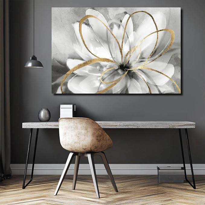SOUGUAN White Floral Wall Decor Grey Background Modern Painting Wall Art 24"x36" Neutral Artwork Paintings for Bedroom Kitchen Pictures