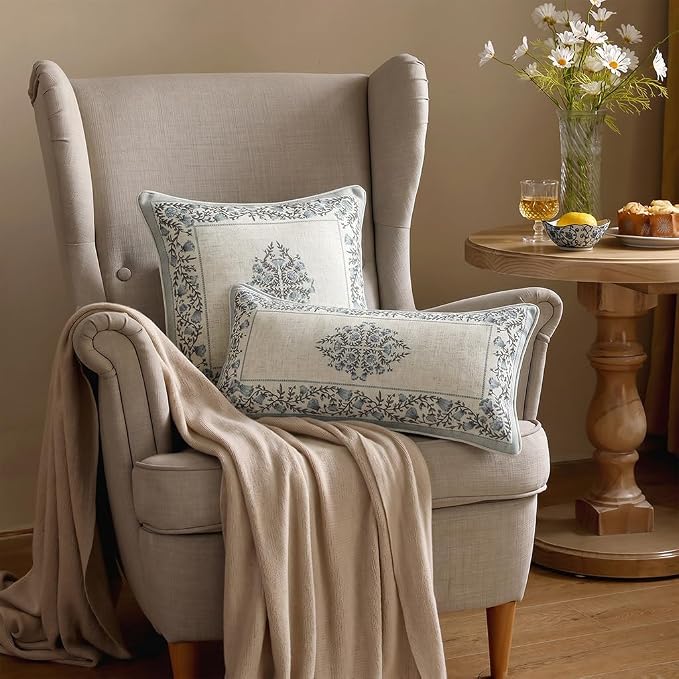 Designer Linen Throw Pillow Cover,Set of 2,28"x12"-Segerman A | Elegant Chinoiserie Rectangle Pillow Cover,Concealed Zipper Design,Floral Pattern,Sofas,Bedroom,Living Room,Lounge Chairs