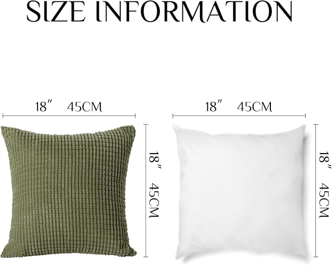 Softalker 2 Pack Corduroy Decorative Throw Pillow Covers 18x18, Olive Green | Soft Boho Striped Pillow Cases, Couch Fluffy Cushion Covers for Farmhouse Home Decor Bed Living Room