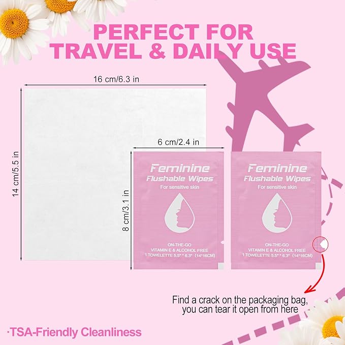 twoworld 60 Feminine Wipes Flushable Travel Individually Wrapped | Travel Wipes for Women,Feminine Care Wet Wipes Travel Size Vaginal Wipes for Adult,Girl and Homeless(Chamomile,Rose,Unscent)