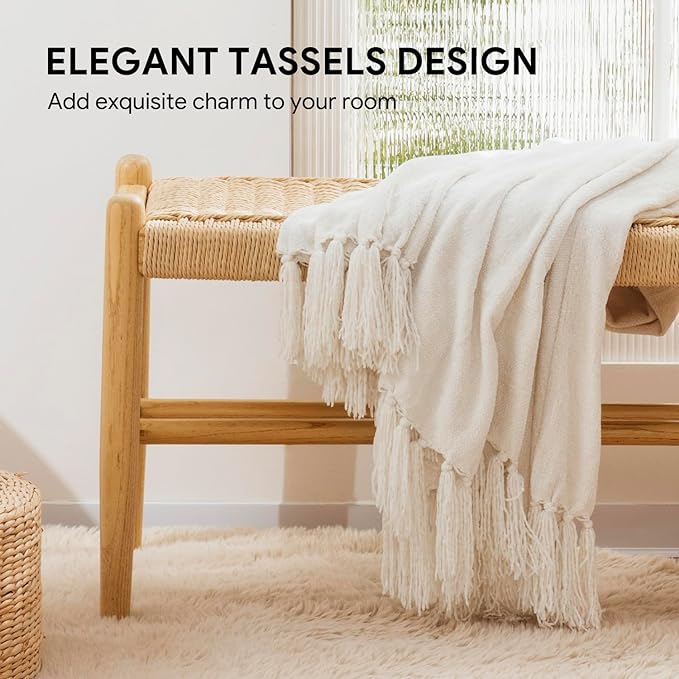 RECYCO Chenille Throw Blanket for Couch, 50"x60", Ivory White | Super Soft Knit Throw Blanket with Fringe Tassels, Lightweight Knitted Throw, Cozy, Ideal for Sofa Chair Bed Living Room Gift