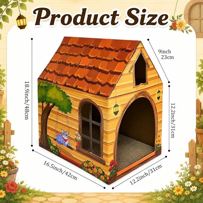 Cinrobiye Cardboard Cat House with Scratcher, Indoor Cat Condo Cat Cave Hideout with Scratch Pad, Cardboard Cat Playhouse Bed for Cats, Kittens, Rabbits & Small Pets (Brown2)