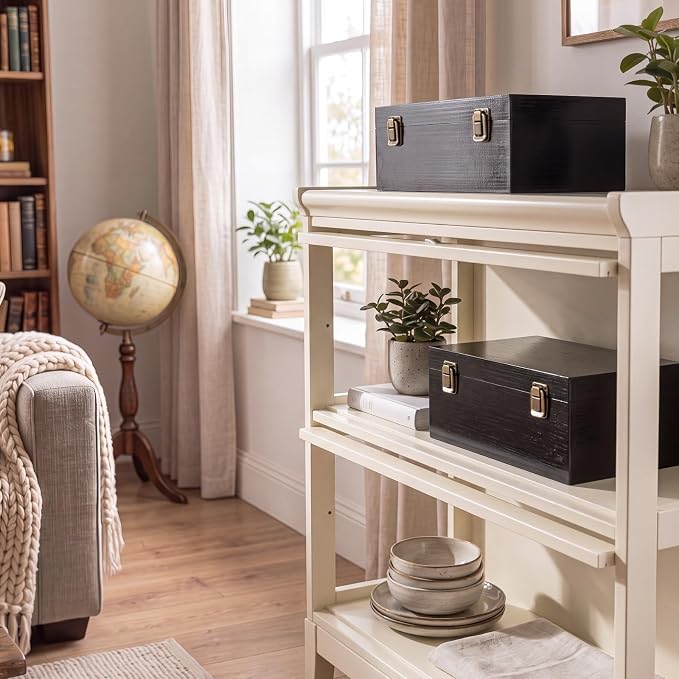 Sliner 2 Pcs Wooden Decorative Storage Boxes with Lids Vintage Wood Organizer Bins for Your Bookshelf Home Decor Safely Store Photos Documents Memory Jewelry Craft Storage (Glossy Black,S M Size)