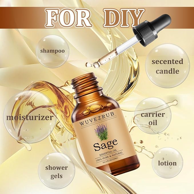 Sage Essential Oils 120ML, Pure Sage Essential Oil for Aromatherapy Diffuser - 4 Fl Oz