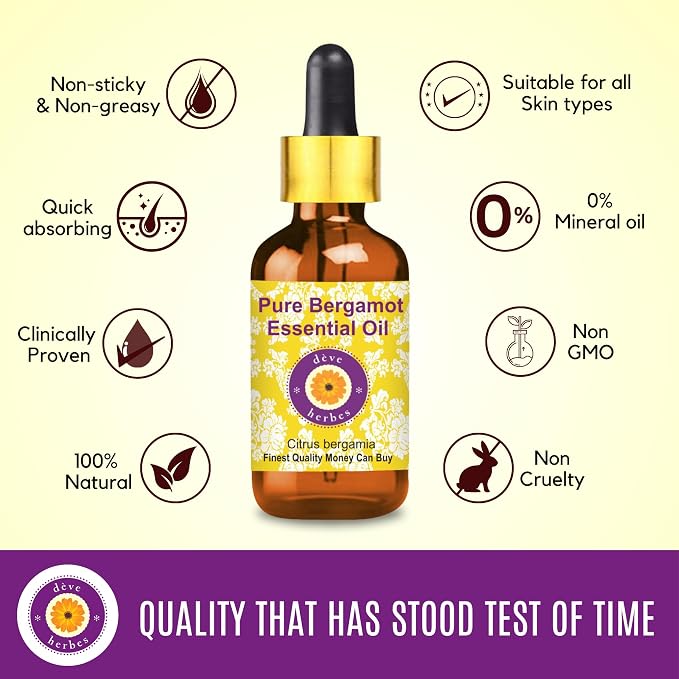 Deve Herbes Pure Bergamot Essential Oil (Citrus bergamia) with Glass Dropper Natural Therapeutic Grade Steam Distilled 5ml (0.16 oz)