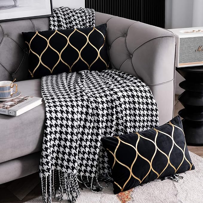 12x20 Inch Gold Velvet Throw Pillow Covers: 2 Pack Rectangular Decorative Pillow Cases for Bedroom Sofa Couch Living Room, Black