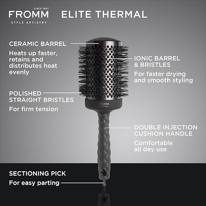 Fromm Elite Thermal Ceramic x Ionic 2.5 Inch Round Hair Brush for Expert Blowouts, Faster Hair Drying, Anti-Static Styling, Smoothing, Straightening, and Shine