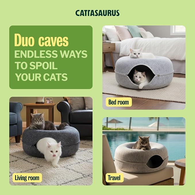 Peekaboo Cat Cave Donut for Multiple & Large Cats up to 30-45 lbs, 3-in-1 Self Warming Cat Bed, Tunnel & Scratcher for Indoor Cats, Washable & Detachable (Light Gray + Dark Gray, Large)