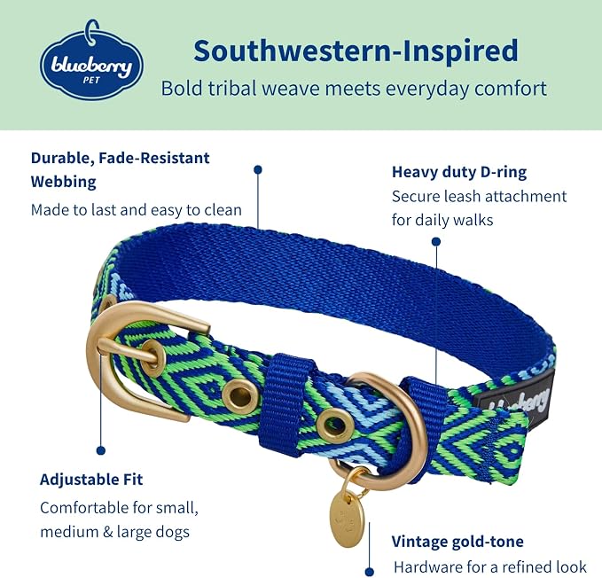 Blueberry Pet Southwestern Tribal Lozenges Stylish Green Adjustable Dog Collar with Metal Buckle, Neck 9-12.5", for Small Breed