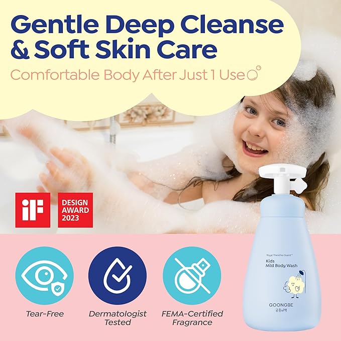 GOONGBE Kids Body Wash – Tear-Free Tested Gentle Pump Foam for Sensitive Skin – Low pH Hydrating Cleanser with Ceramide, Panthenol & Amino Acids – Allergen-Free Scent – Korean K-Beauty, 10.1 fl oz