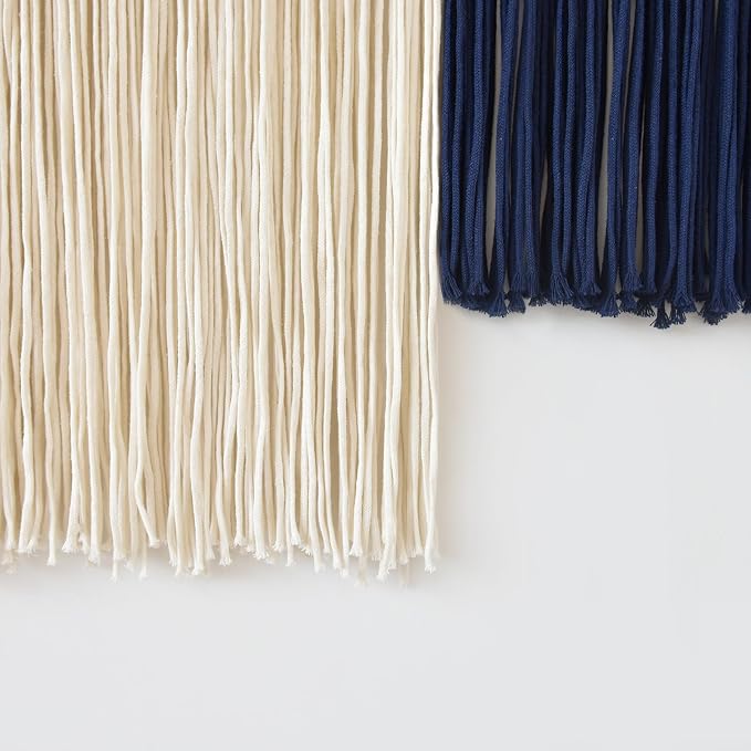 Jakalin Macrame Wall Hanging Boho Yarn Tassel Blue Modern Decor 39"x39" | Hand-dyed navy ombre, Wood dowel, Fringe tassels, Wall decor for living room, bedroom, apartment，Handmade yarn fiber deocr