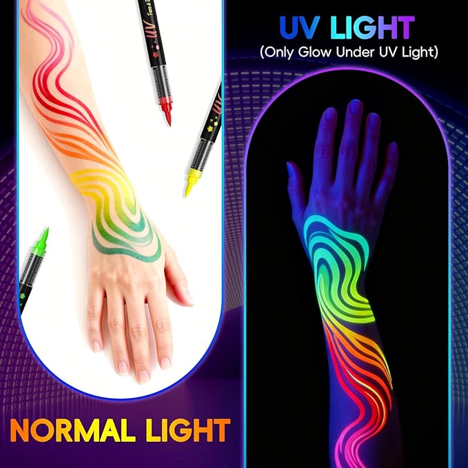 Glow in the Dark Body Paint,Halloween Makeup Kit,Neon Face Painting Markers Pen for Skin Glow Under Black Light, Washable UV Temporary Tattoo Pens for Glow Party Supplies (8 color)