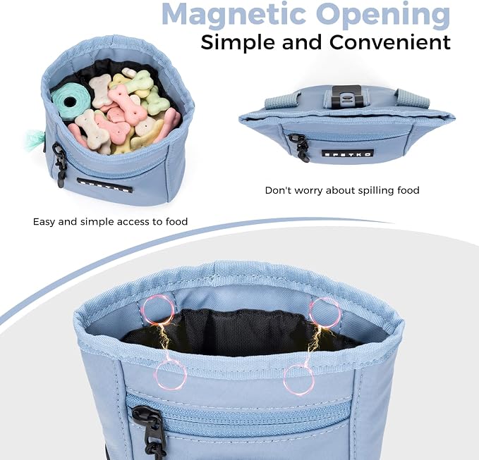 Dog Treat Pouch, Powerful Magnet Closure Device Dog Training Treat Bag Large Capacity Pet Treat Pouch with Poop Bag Dispenser Treat Bag for Dog Training with Metal Waistband Clip (Light Blue)