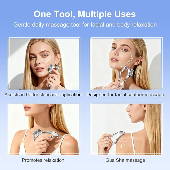 Upgraded Metal Gua Sha Facial Tools & Face Massager Tool – Multi-Functional Skin Care Tool for Soothing, Contouring & Muscle Relief with Self-Cooling Stainless Steel, PP Storage Case & Velvet Bag