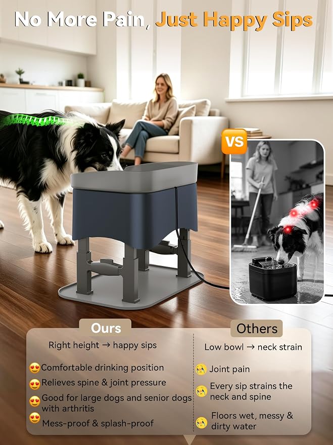 11L Elevated Dog Water Fountain No-Spill with 4 Heights Adjustable | Large Capacity, No-Splash, Anti-Slip Mat, 304 Stainless Steel Tray, 5-layer Filtration, for Senior/Large Dog & Multi-Pet Home
