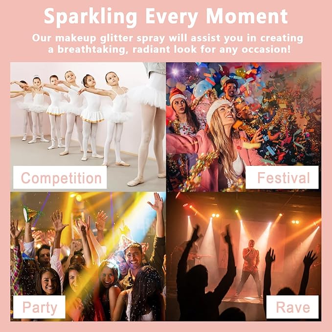 Boko Body Glitter Spray, Iridescent Glitter Spray for Sparkling Body Face Hair Nail Clothes, Hair Glitter Spray Body Shimmer Powder for Highlighter Makeup Mardi Gras Concert Party Rave Accessories