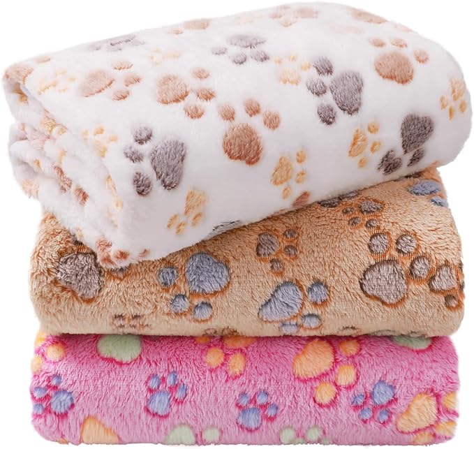 LINENLUX Dog Blankets 3-Pack, Super Soft Fluffy Fleece Pet Throw Warm | Premium flannel fleece pet throw for cats, puppies. Cozy warm for bed, crate, or couch naps; Dog Paw-3pcs 40x31 inch