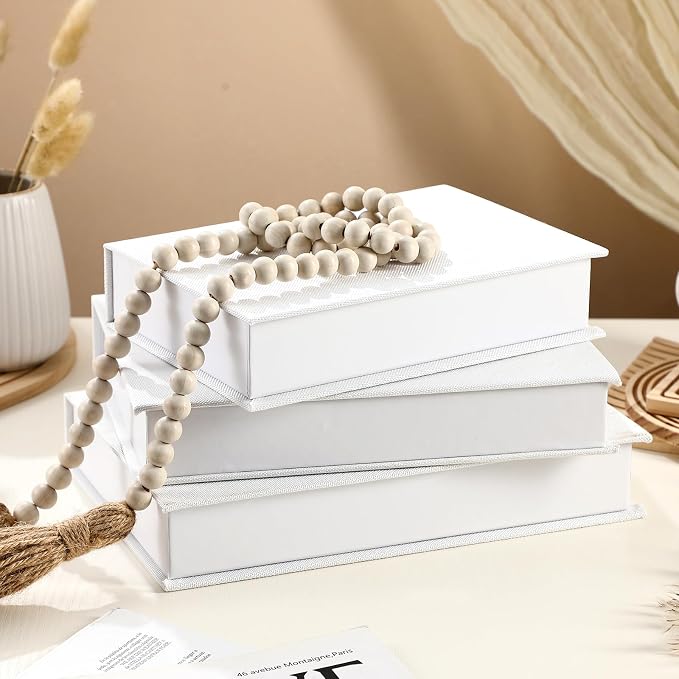 Tioncy 3 Pcs Decor Linen Faux Book Box Set Aesthetic DIY Fake Linen Book Box for Decor Storage Cafe Table Bookshelf Gift Home Keepsake(Multi Sizes,White)