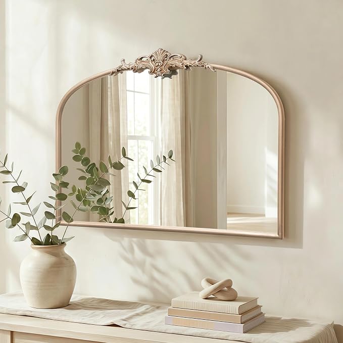 Besdomus Antique Gold Wall Mirror: 32"x24" French Arched Decorative Mirrors | Vintage Baroque Ornate Arch Metal Framed for Mantel/Hallway/Bathroom Vanity/Dresser/ - Ideal Gifts for Holiday/Birthday