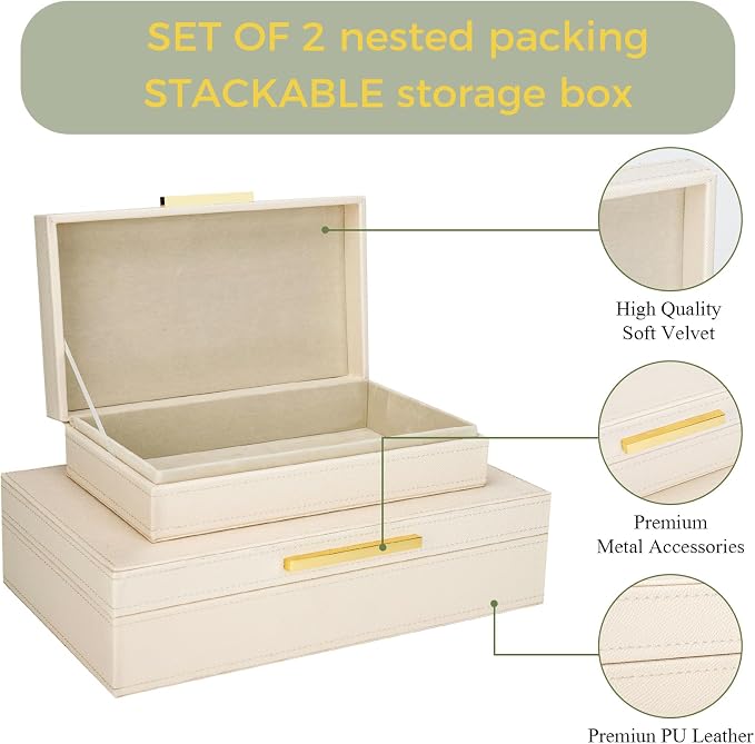 Decorative Storage Boxes with Lids, Set of 2 PU Leather Memory Box for Keepsakes, Beautiful Large Decorative Box for Home Decor – Safely Store Jewelry, Documents & Photos (Beige)