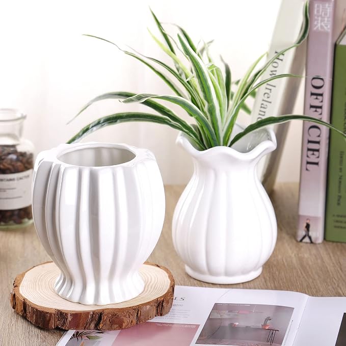 VanEnjoy 6 inch Modern Ribbed Design Small White Ceramic Decorative Tabletop Centerpiece Vase Flower Pot - White Spiral