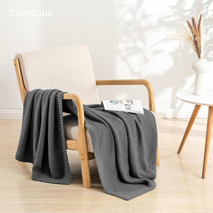 CozeCube Charcoal Grey Seed Stitch Throw Blanket 60"x80", Farmhouse Decor | Blanket for Couch, Soft Cozy Cable Knit Throw for Bed Sofa Living Room, Lightweight Warm Decorative Christmas Blanket