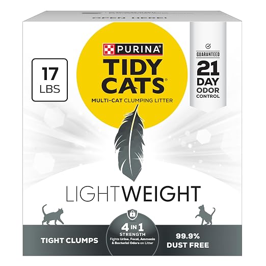 Purina Tidy Cats LightWeight 4-in-1 Strength Cat Litter, 17 lb | 99.9% dust-free formula, 21-day odor control, tight clumping for multi-cat homes, easy to carry