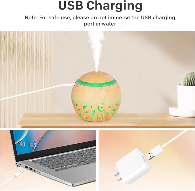 200ml Essential Oil Diffuser, Small Humidifier for Bedroom with USB Charging, LED Lights, 2 Filter Sticks, Portable Wood Grain Quiet Aromatherapy Mist Diffusers, Gift for Girls