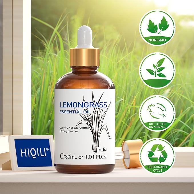 HIQILI Essential Oil - Lemongrass - 1.01 Fl. Oz | Used For Protective Spray and Cleanses Skin, Ideal For Outdoor Use & Salons - 30mL / 1.01 fl oz