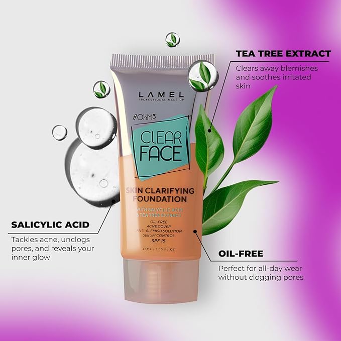 LAMEL Oh My Clear Face Full Coverage Foundation for Oily & Acne Prone Skin, Salicylic Acid & Tea Tree Extract, Anti-Blemish Sensitive Skin Care, Organic & Oil-Free, 408 Golden, 40 ml / 1.35 fl.oz