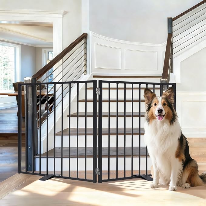 Folding Metal Freestanding Dog Gates Indoor Extra Wide 52" 2 Panels | Heavy Duty Free standing Dog Gate Outdoor - Auto Close, Foldable Pet Fence – Anti-Topple Stability Feet (2 Panels, Black)