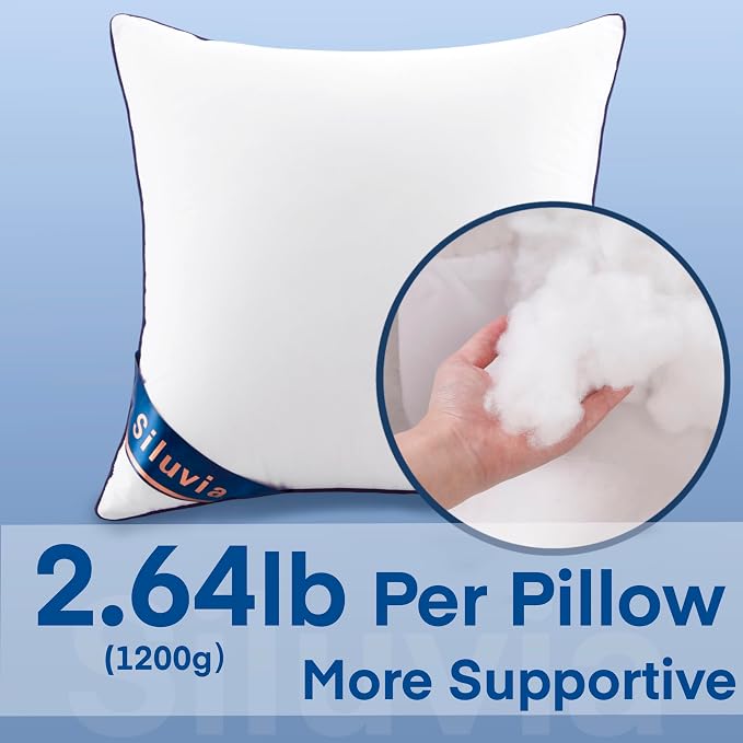 Siluvia 24x24 Pillow Inserts Set of 2 Square Throw 24 Euro Pillows with 100% Cotton Cover for Sofa, Couch, and Bed - White | 100% Premium Polyester Fill, Fluffy & Soft with Comfy Support - White Decorative Cushion Inserts for Couch, Sofa & Bed