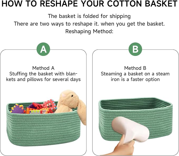 MiniArk Small Storage Baskets for Organizing | Closet Organizer Bins | Shelf Toy Basket | Woven Rope Baskets | Cube Decorative Box | Shallow Basket | 11.5x7.5x4.7” | 3 Packs Green
