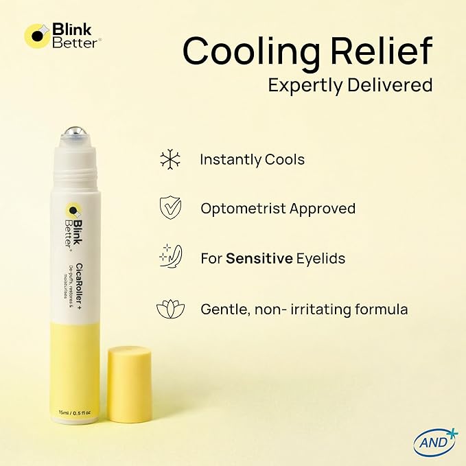 BlinkBetter CicaRoller+ Cooling Eye Roller Serum for Eyelids and Under Eyes – Refreshes, Revitalizes, Smooths & Hydrates Tired Eyes with 2.5% Caffeine, Peptides, Cica & Panthenol, 15 ml