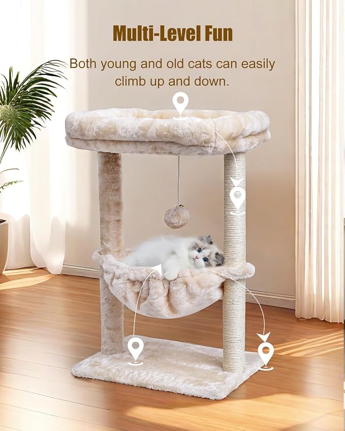 SYANDLVY Small Cat Tree for Indoor Cats, Activity Cat Tower with Scratching Post for Kittens, Cat Furniture with Basket & Hanging Ball for Play Rest, Beige | Scratching Post, Cat Furniture with Basket & Hanging Ball for Play Rest, Beige