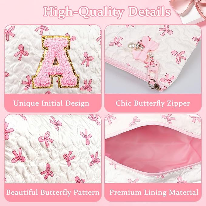 Initial Makeup Bag, Valentines Day Gifts for Women Teens Girls Birthday Gift Personalized Bow Cosmetic Bag, Quilted Cosmetic Travel Toiletry Pouch, Cute Makeup Organizer Teen Girl Gifts Trendy Stuff K