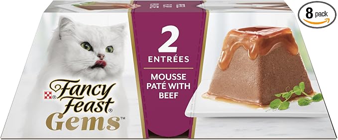 Purina Fancy Feast Gems Wet Cat Food with Beef, 4 oz boxes, 8-Pack | 16 single servings, mousse pate with savory gravy, made with no artificial preservatives, 100 percent complete and balanced